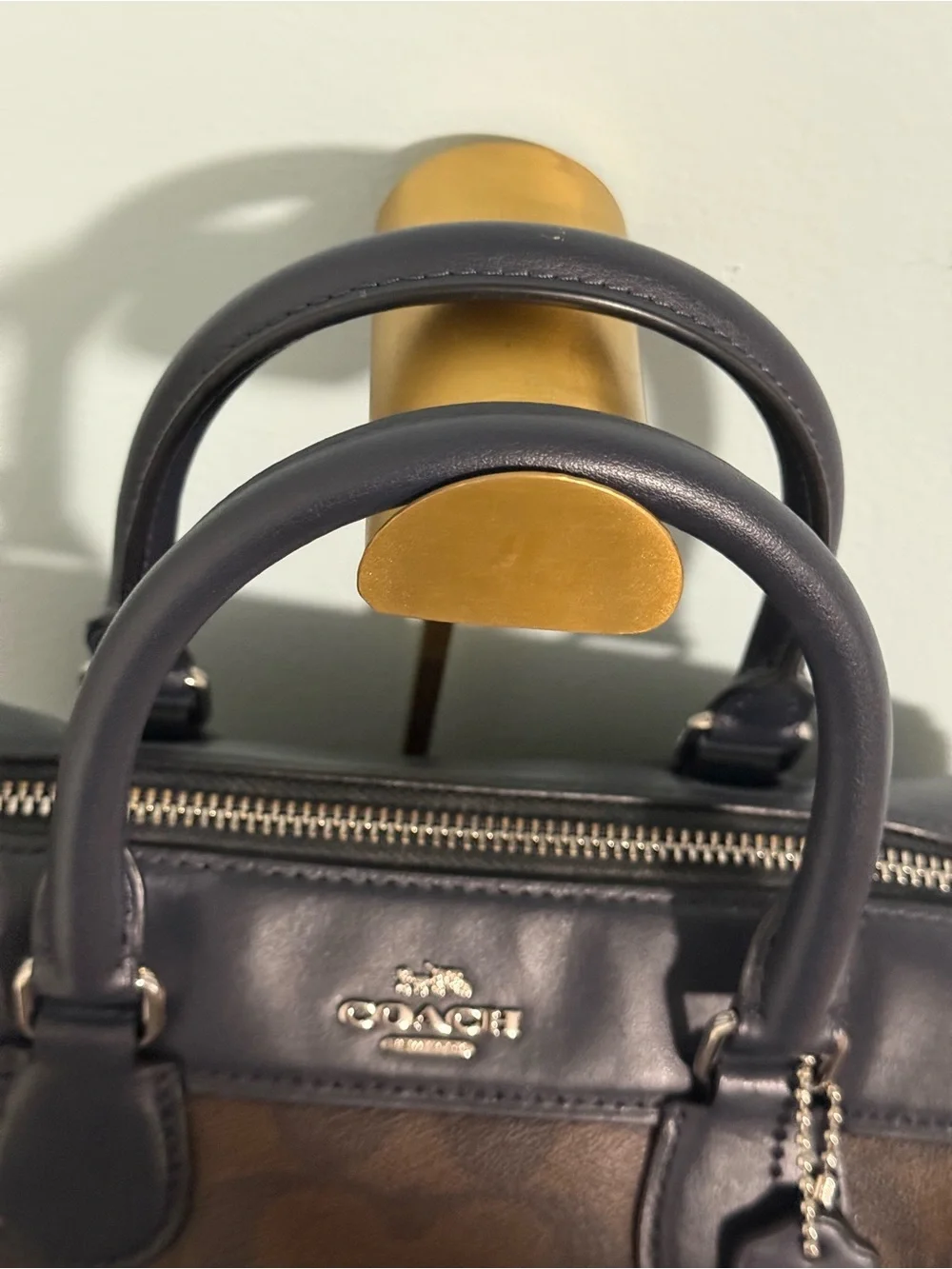 COACH Signature Canvas Satchel in two shades of brown and Navy Leather Trim! 🤩
